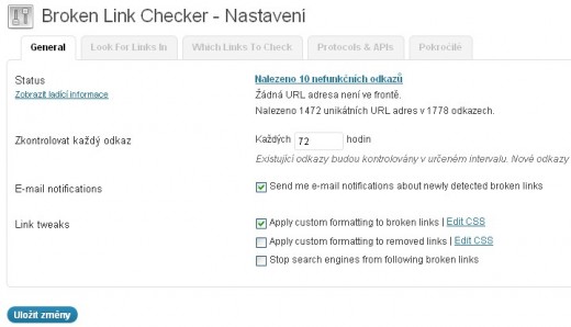 Nastavení Broken Link Checker