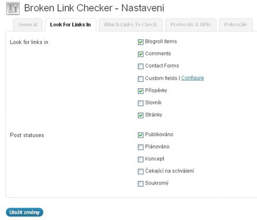 Nastavení Broken Link Checker - typy obsahu