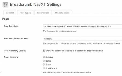 Breadcrumb NavXT - nastavení