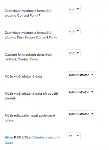 Část nastavení Contact Form DB