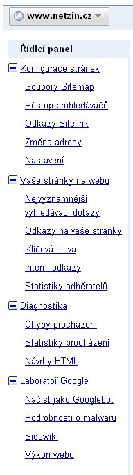 Menu Google Nástroje pro webmastery