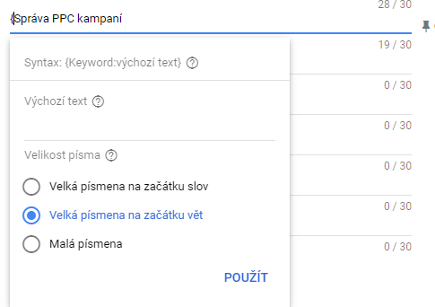 Automatické vkládání klíčových slov do textu inzerátu v Google Ads